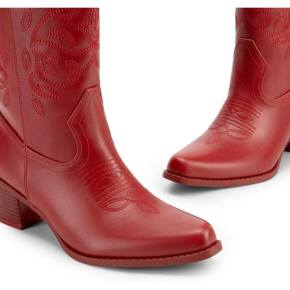 Women's Cowgirl Western Leather Embroidery Stitched Chunky Heel Mid Calf Boot - Picture 5 of 8